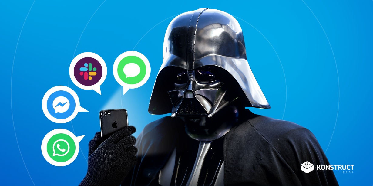 Darth Vader looking at a phone with messaging icons