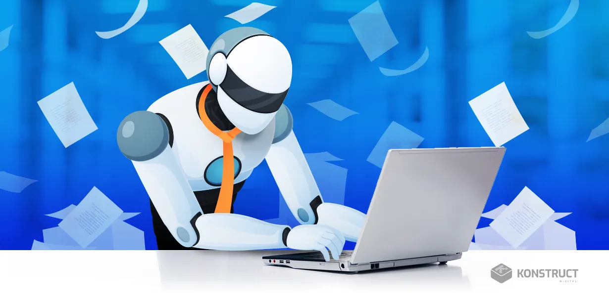 A robot typing on a laptop