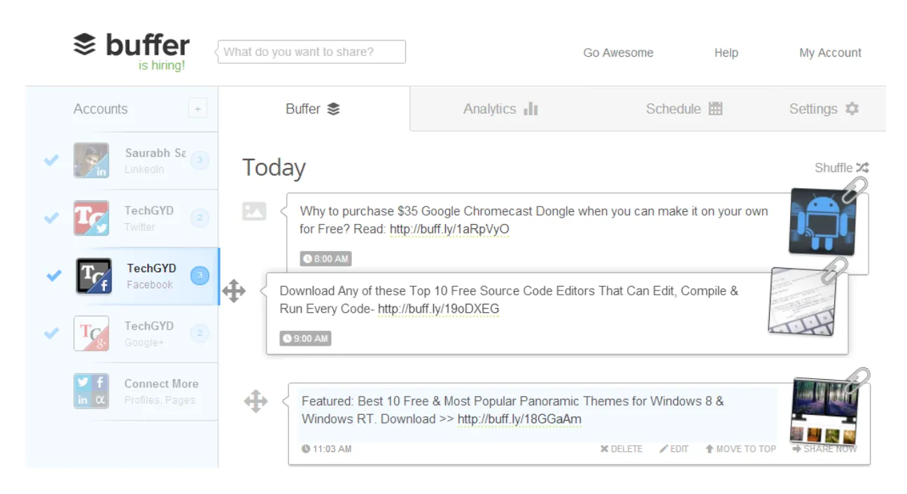 A screengrab of Buffer’s media dashboard. The board has a scrolling feed with an analytical menu bar at the top