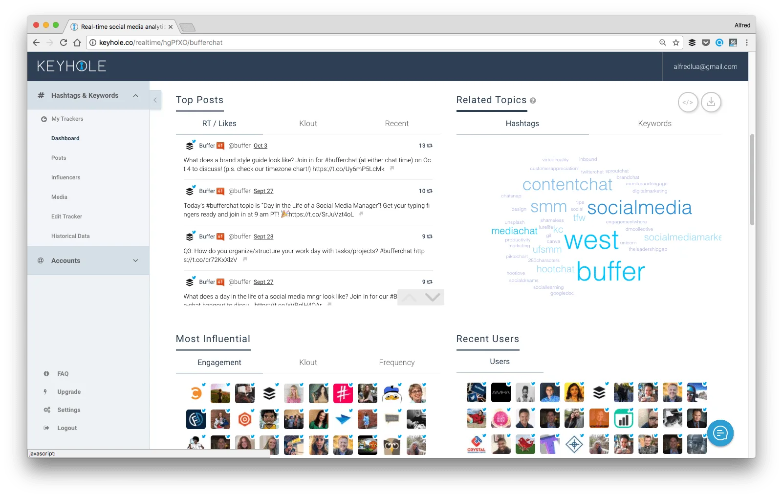 Keyhole has 4 sections displayed. It shows the related topics, top post and user metrics like the most influential