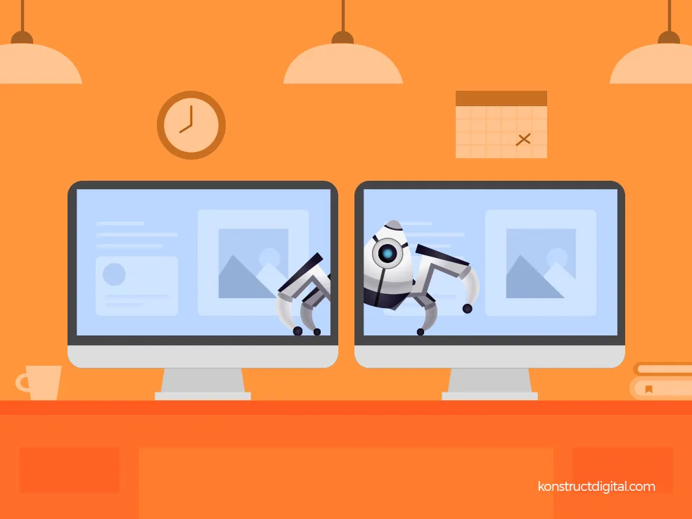 A robotic crawler crawling from one desktop screen to the next with an orange background