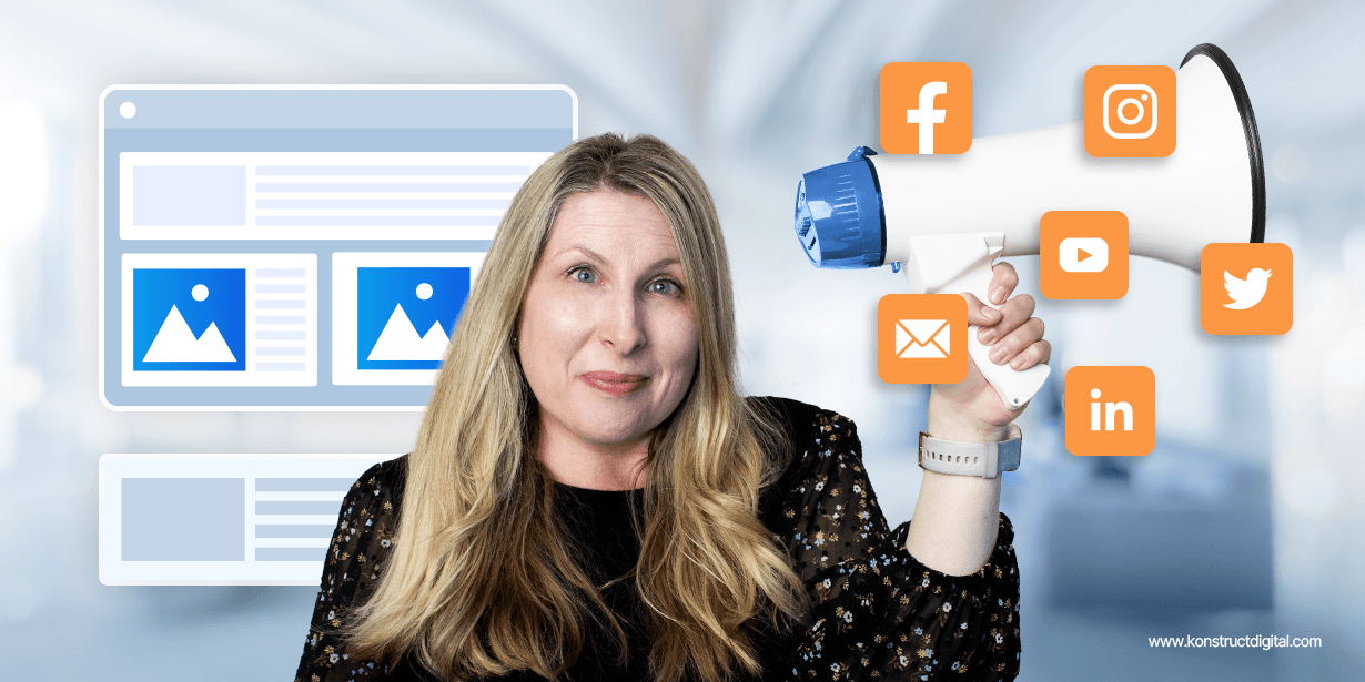 A woman smiling and holding a megaphone. In the background there is a blog feed and the Facebook, Instagram, Youtube, Twitter, mail, and LinkedIn logos.