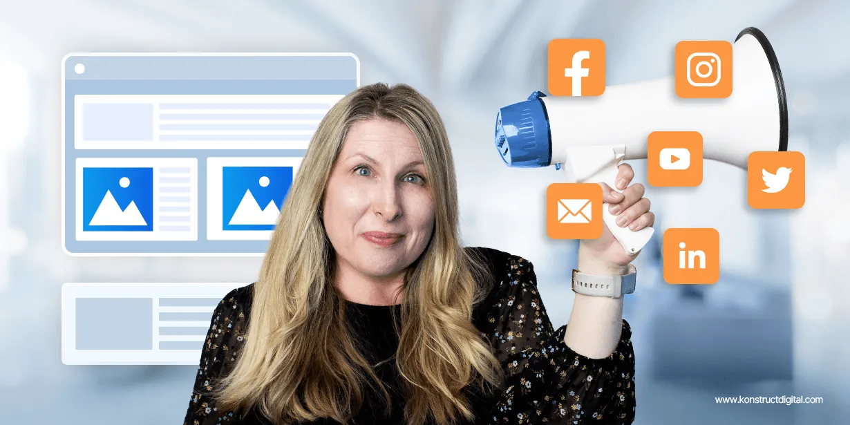 A woman smiling and holding a megaphone. In the background there is a blog feed and the Facebook, Instagram, Youtube, Twitter, mail, and LinkedIn logos.