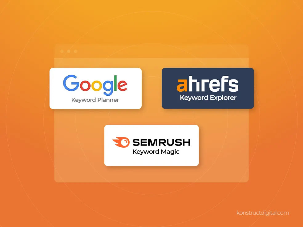 Logos of keyword research tools: Google Keyword Planner, Ahrefs Keyword Explorer, SEMRush Keyword Magic.
