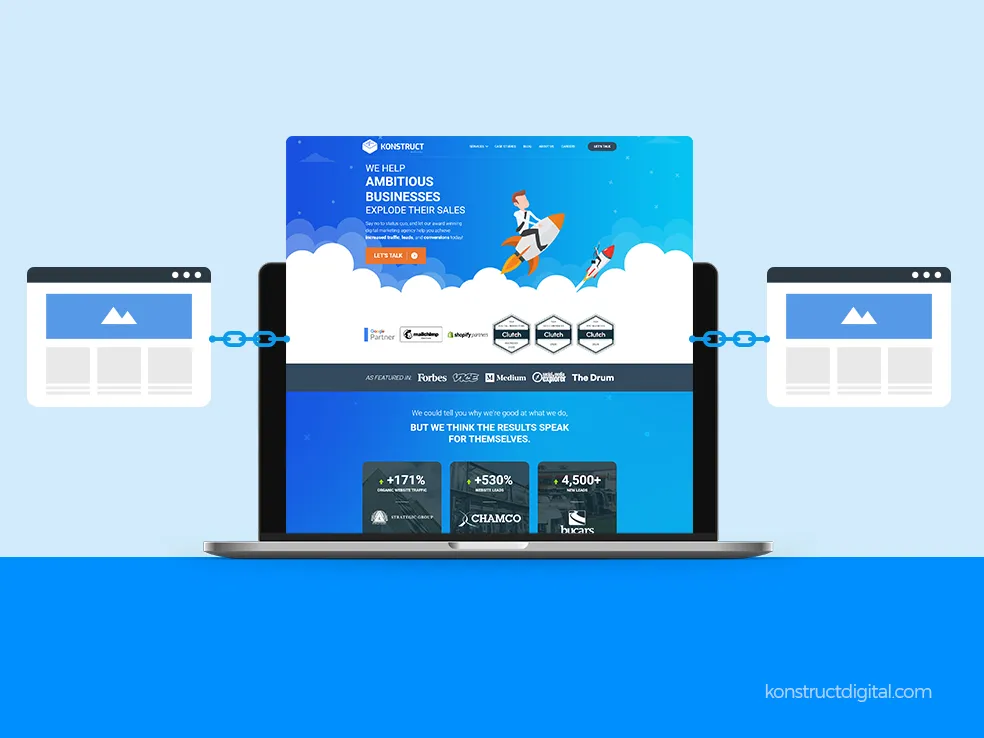 Konstruct Digital webpage on a computer screen with two other sites connected to the page through chain links. 