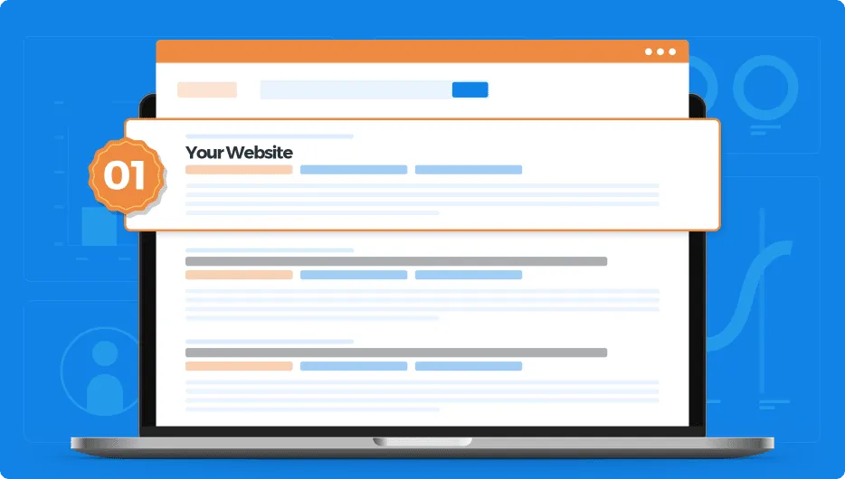 A laptop with a search engine results page and the text “Your Website” as #1.