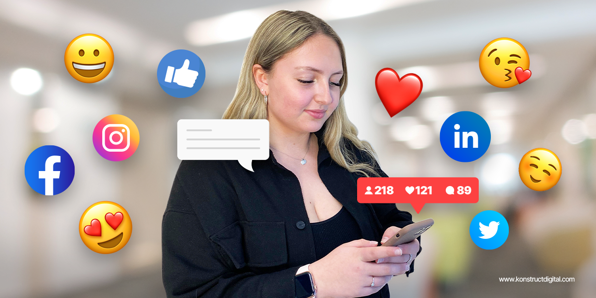 A girl holding a phone with a variety of emojis, social media platform icons, and notification icons surrounding her.