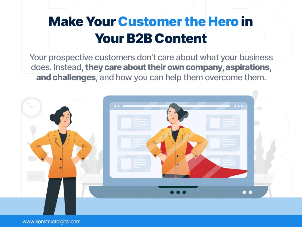 A woman looking at a laptop with the same woman on the screen wearing a cape. The text says: "Make the Customer the Hero in Your B2B Content
Your prospective customers don't care about what your business does. Instead, they care about their own comapny, aspirations, and challenges, and how you can help them overcome them."