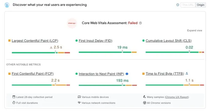 A screenshot of Google PageSpeed Insights showing core web vitals.