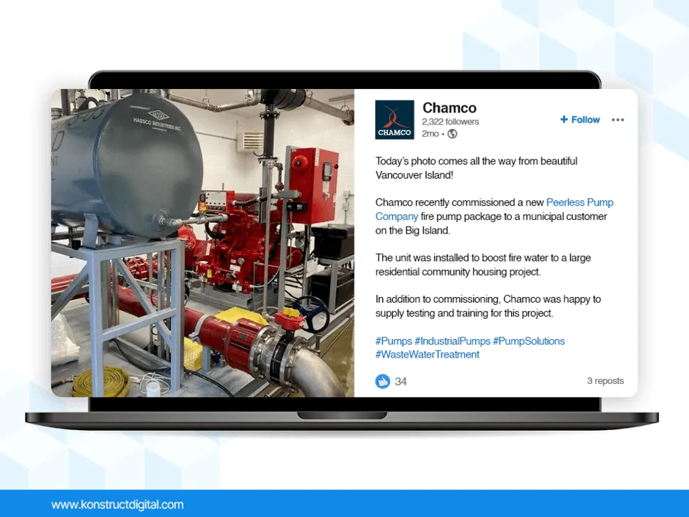 A LinkedIn post by Chamco featuring a photo of a fire pump package.
The caption says: Today’s photo comes all the way from beautiful Vancouver Island!
Chamco recently commissioned a new Peerless Pump Company fire pump package to a municipal customer on the Big Island.
The unit was installed to boost fire water to a large residential community housing project.
In addition to commissioning, Chamco was happy to supply testing and training for this project.
#Pumps #IndustrialPumps #PumpSolutions #WasteWaterTreatment" 