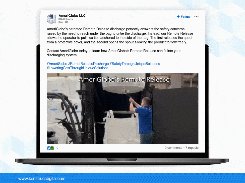A LinkedIn post from AmeriGlobe LLC with a video of a man using a bulk bag's Remote Release discharge.
The caption says: "AmeriGlobe’s patented Remote Release discharge perfectly answers the safety concerns raised by the need to reach under the bag to untie the discharge. Instead, our Remote Release allows the operator to pull two ties anchored to the side of the bag. The first releases the spout from a protective cover, and the second opens the spout allowing the product to flow freely.
Contact AmeriGlobe today to learn how AmeriGlobe’s Remote Release can fit into your discharging system.
#AmeriGlobe #RemotReleaseDischarge #SafetyThroughUniqueSolutions #LoweringCostThroughUniqueSolutions"