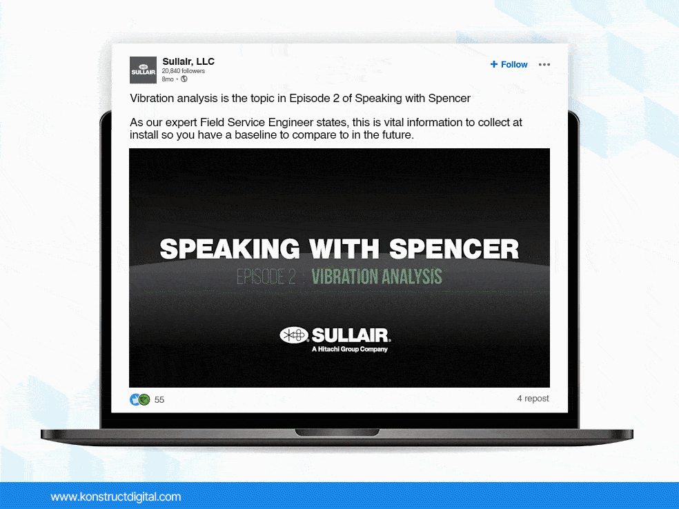 A LinkedIn post from Sullair featuring a video of Spencer Hall, a field servie engineer at Sullair.
The caption says: "Vibration analysis is the topic in Episode 2 of Speaking with Spencer
As our expert Field Service Engineer states, this is vital information to collect at install so you have a baseline to compare to in the future."