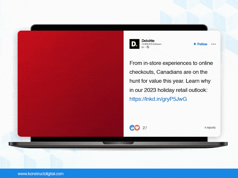 A LinkedIn video from Deloitte with a video with the text "Canada's Gift Guide: 69% will spend their dollars at Amazon"
The caption says: "🏬 🛒 From in-store experiences to online checkouts, Canadians are on the hunt for value this year. Learn why in our 2023 holiday retail outlook: https://lnkd.in/gryP5JwG"
