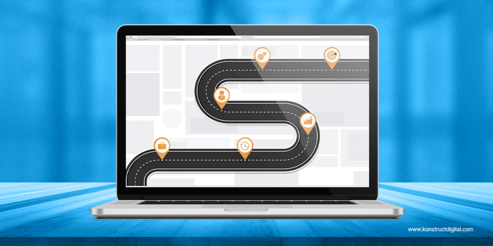 A laptop screen with a website. On the website, there is a road with various pins that have target icons, people icons, clock icons, and graph icons.