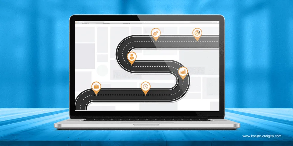 A laptop screen with a website. On the website, there is a road with various pins that have target icons, people icons, clock icons, and graph icons.