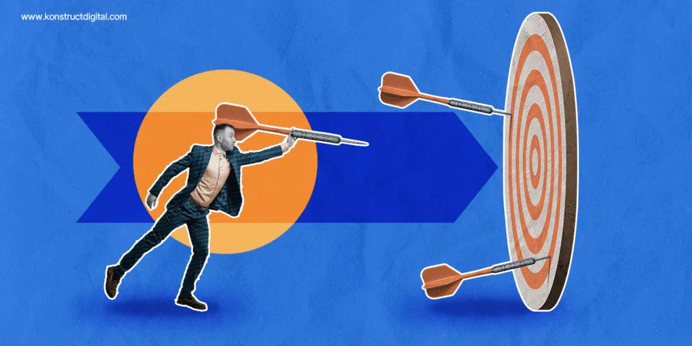 A digital illustration with a metaphorical representation of target-focused strategy. The background is divided by a large blue arrow pointing rightwards. On the left side, there's a man dressed in business casual attire looking through a telescope that is comically extended. He's in a striding position, implying action and focus.