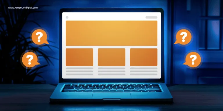 Illustration of laptop with a siloed landing page surrounded by question marks, representing the considerations of B2B Google Ads campaigns.