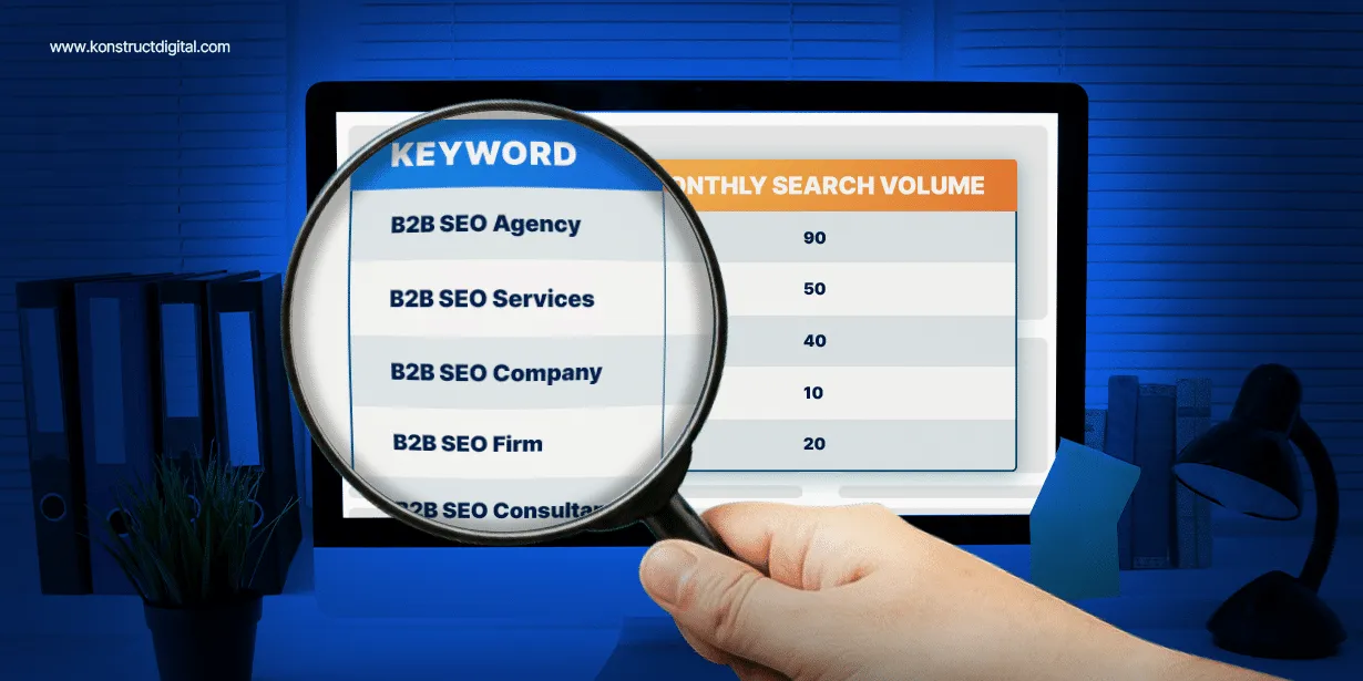 A table with a list of keywords and search volume with a magnifying glass hovering over the keywords.