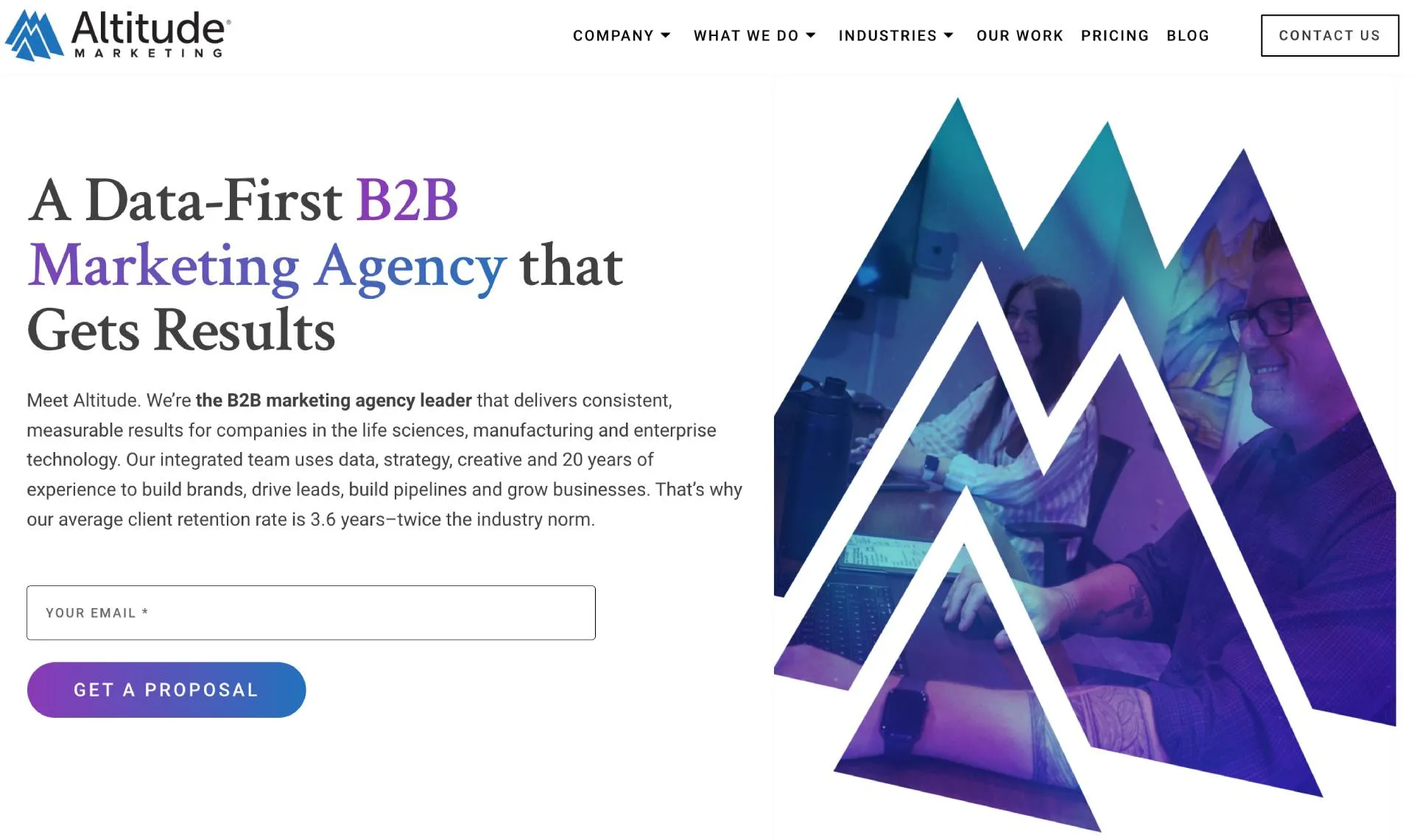 Altitude Marketing homepage featuring the headline “A Data-First B2B Marketing Agency that Gets Results” with a stylized mountain logo overlaying a photo of a team in a meeting.