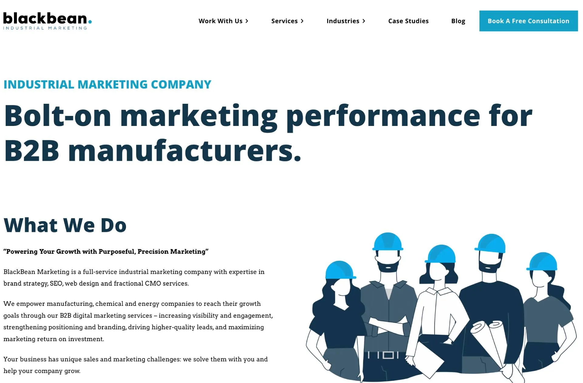 BlackBean Marketing homepage featuring the headline “Bolt-on marketing performance for B2B manufacturers” with illustrated workers in hard hats and navigation links at the top.