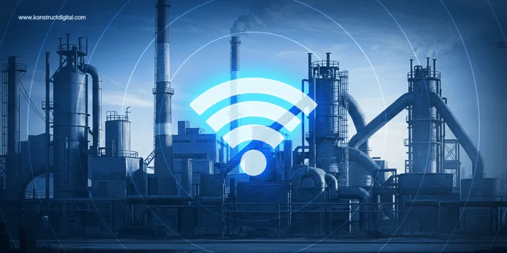 A digitally enhanced image of an industrial factory with a large, glowing Wi-Fi symbol superimposed over it, representing digital connectivity and smart technology in industrial settings.