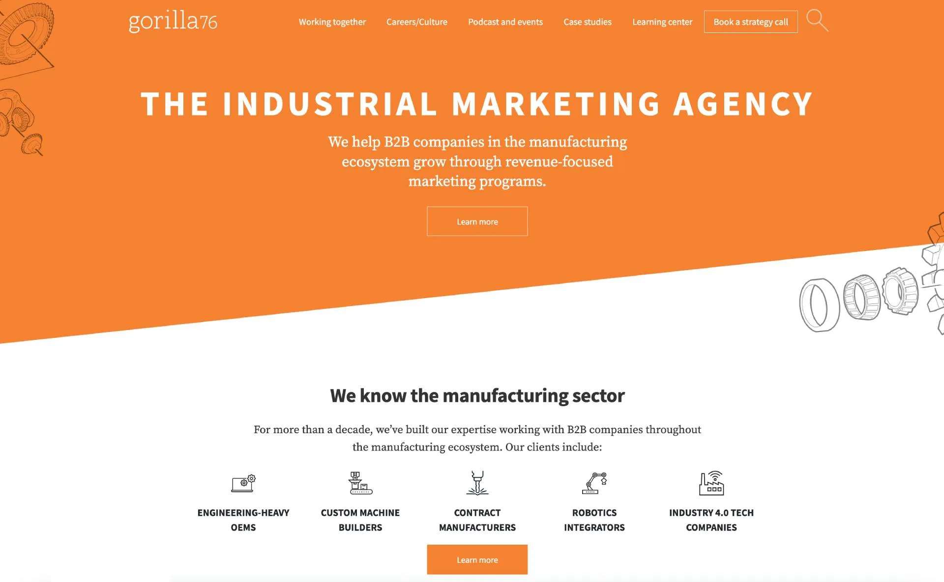 Gorilla76's homepage features an orange banner reading “The Industrial Marketing Agency” and a description of helping B2B manufacturing companies grow. It also features illustrated gears and sector icons below.