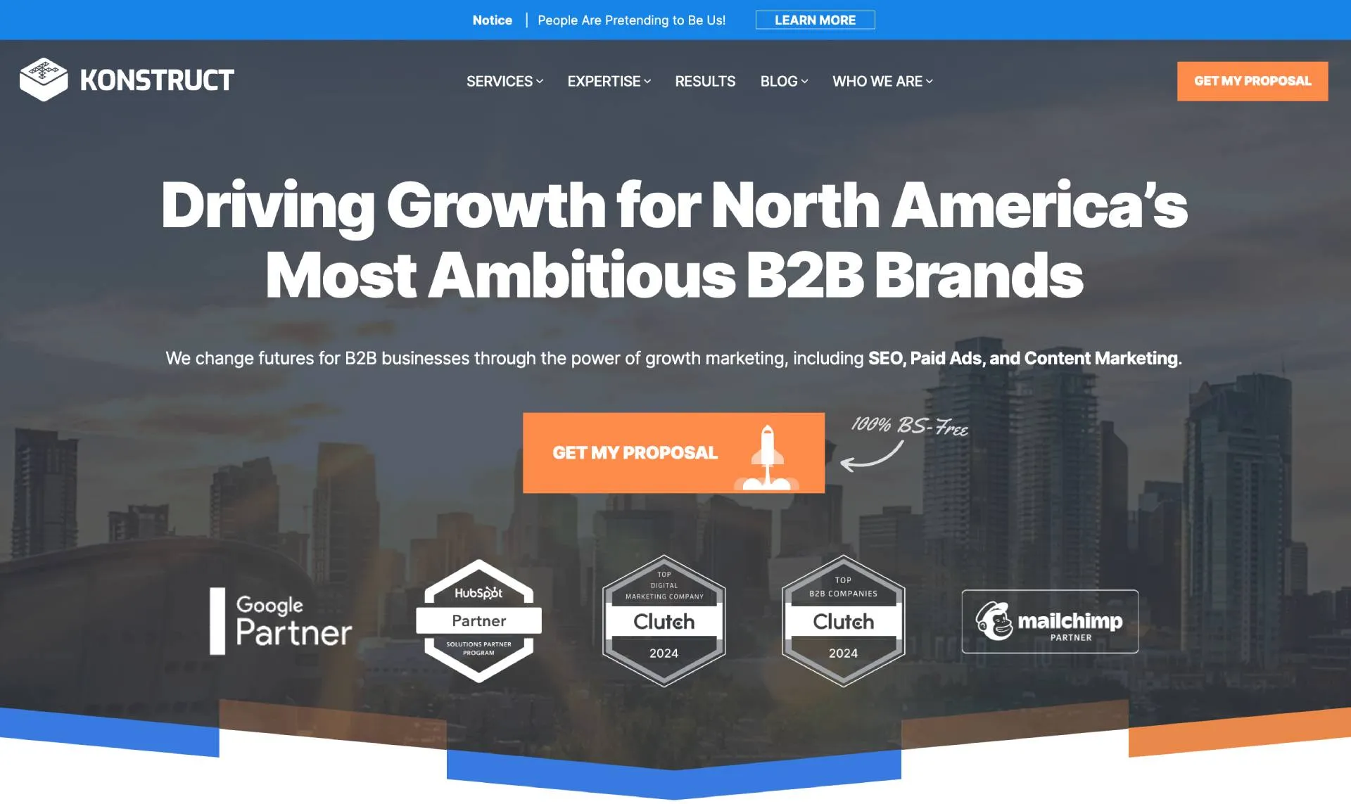 Konstruct Digital homepage highlighting B2B marketing services with a “Get My Proposal” CTA and partner badges for Google, HubSpot, Clutch 2024, and Mailchimp.