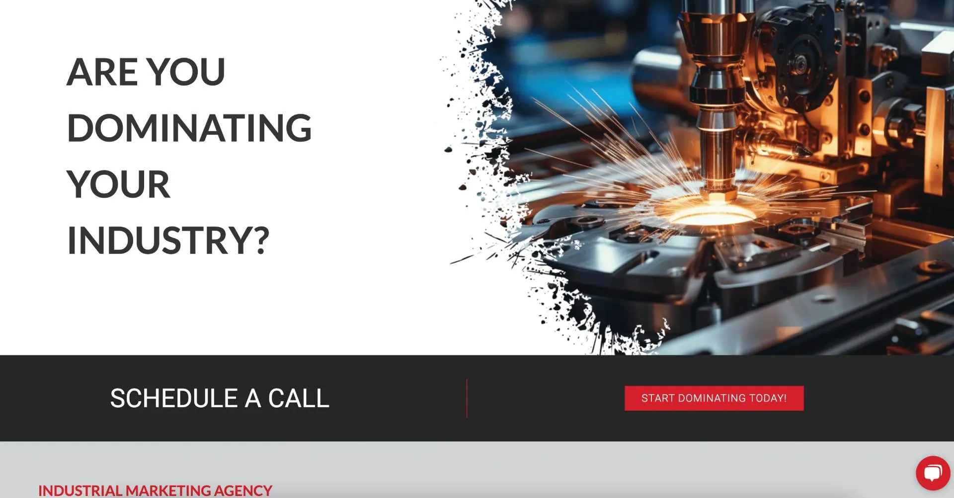MFG Tribe homepage with bold text “Are You Dominating Your Industry?” next to a close-up image of a CNC machine emitting sparks, and buttons prompting users to schedule a call or start dominating.