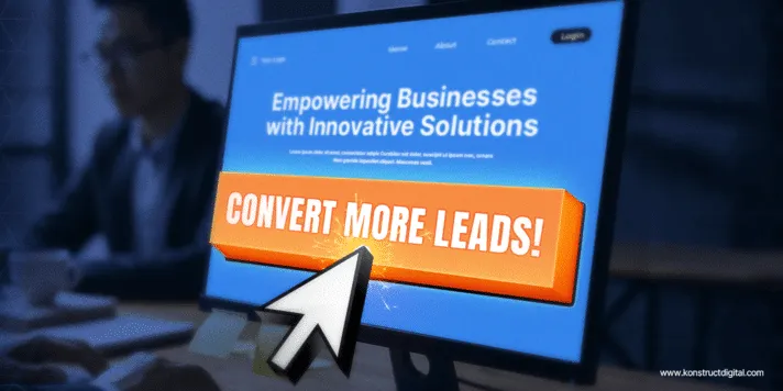 Computer screen showing a website with a large 'Convert More Leads!' call-to-action button and the message 'Empowering Businesses with Innovative Solutions.