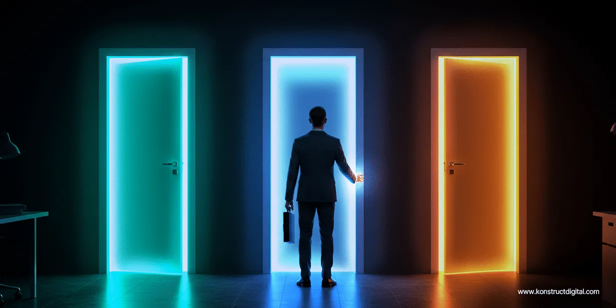 A marketer chooses between three doors that each represent a strategy, and realizes there isn't one right answer.
