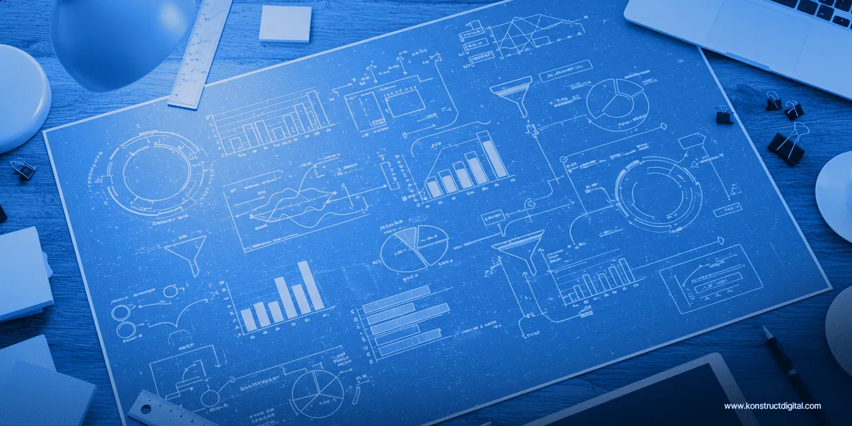 Overhead view of a blueprint-style poster on a wooden desk, displaying various white technical diagrams, graphs, bar charts, pie charts, data funnels, and flowcharts.