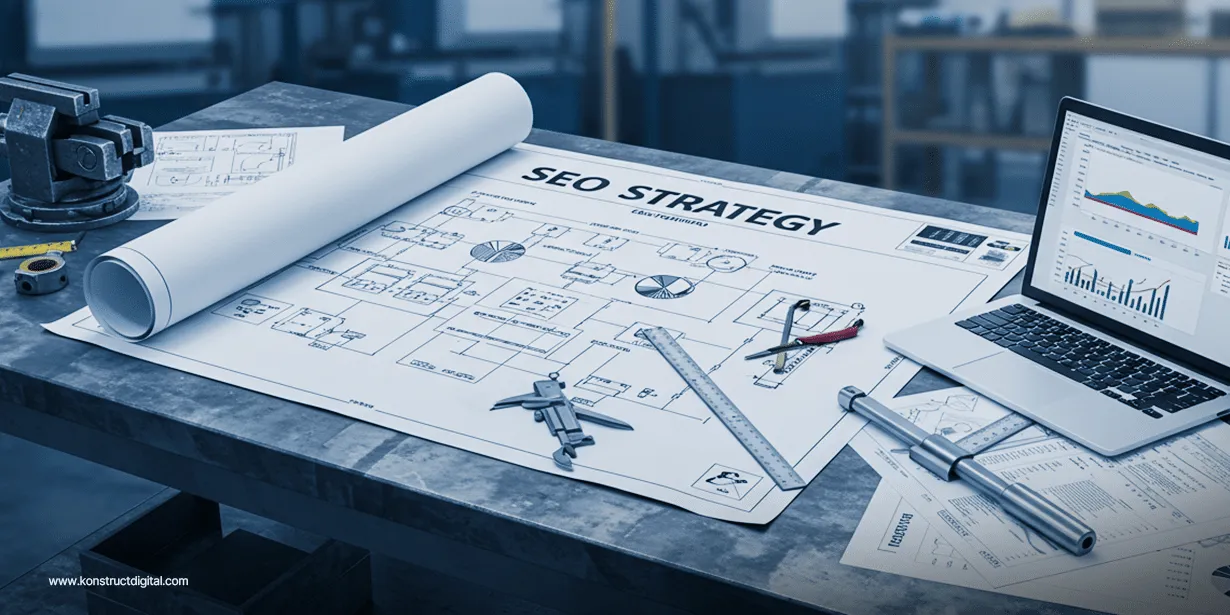 Blueprint-style SEO strategy plan laid out on a metal workshop table surrounded by engineering tools, rolled documents, and a laptop displaying performance analytics charts.