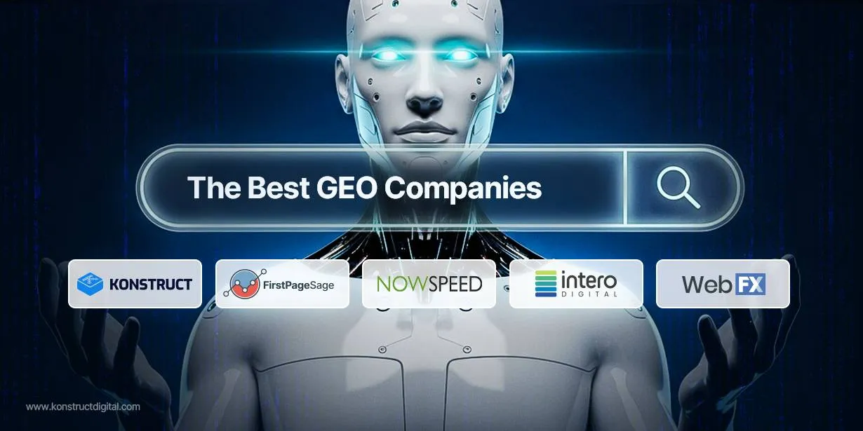 An AI robot with a search bar in front of it that says “The Best GEO Companies”