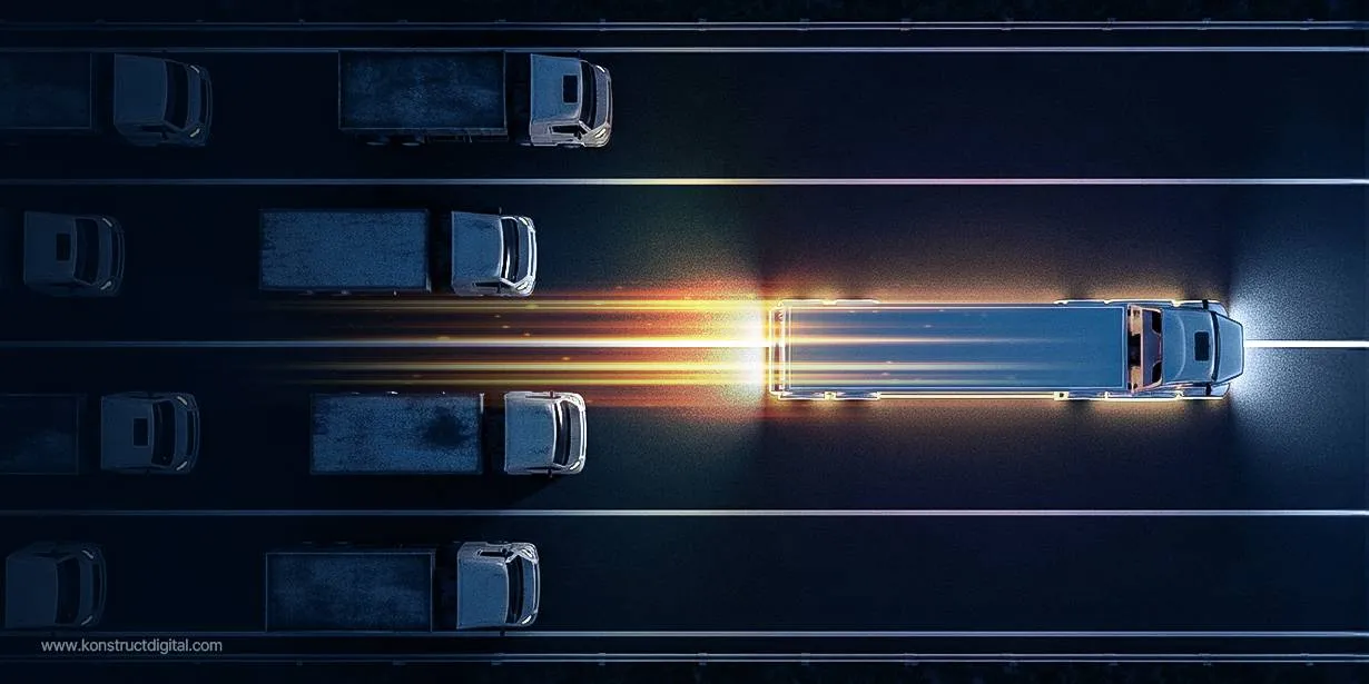 A top-down view of a highway at night showing a single semi-truck glowing with bright streaks of orange and yellow light as it speeds ahead, passing rows of slower trucks in adjacent lanes.
