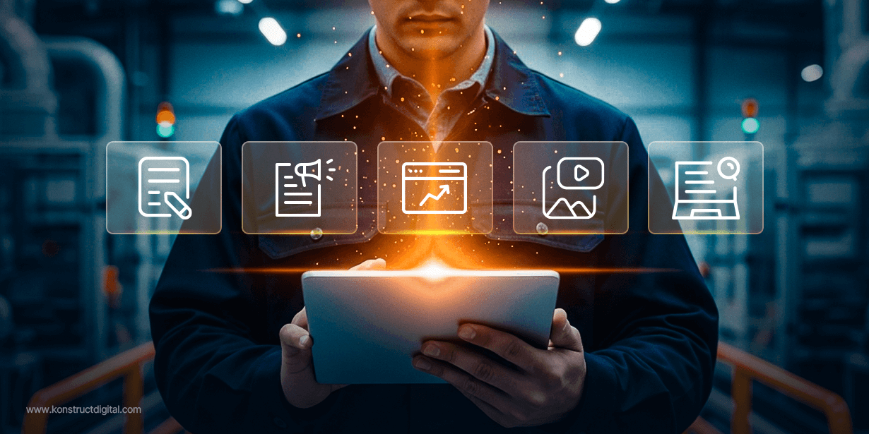 A man in industrial workwear holds a glowing tablet in a manufacturing facility. Floating icons appear above the tablet representing content marketing elements
