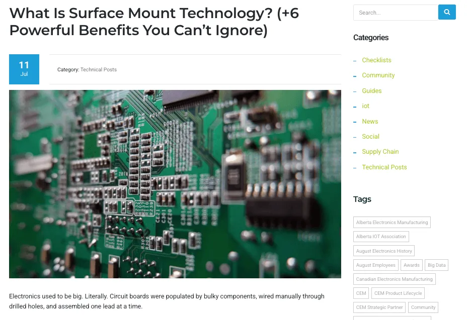 Blog post titled “What Is Surface Mount Technology? (+6 Powerful Benefits You Can’t Ignore)” featuring a close-up image of a green printed circuit board with various electronic components.