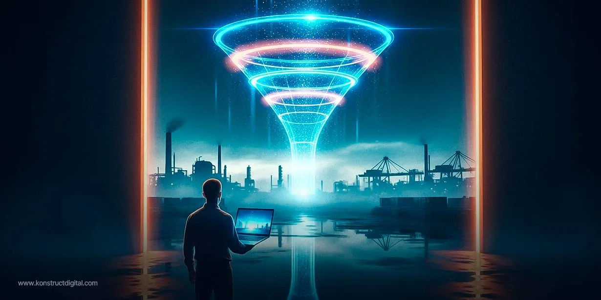 A person holding a laptop stands in front of an industrial landscape with factories and cranes at dusk, looking toward a glowing, futuristic funnel suspended in the sky