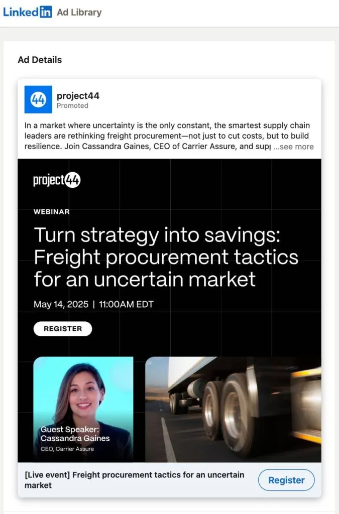 Picture of project44’s LinkedIn webinar ad