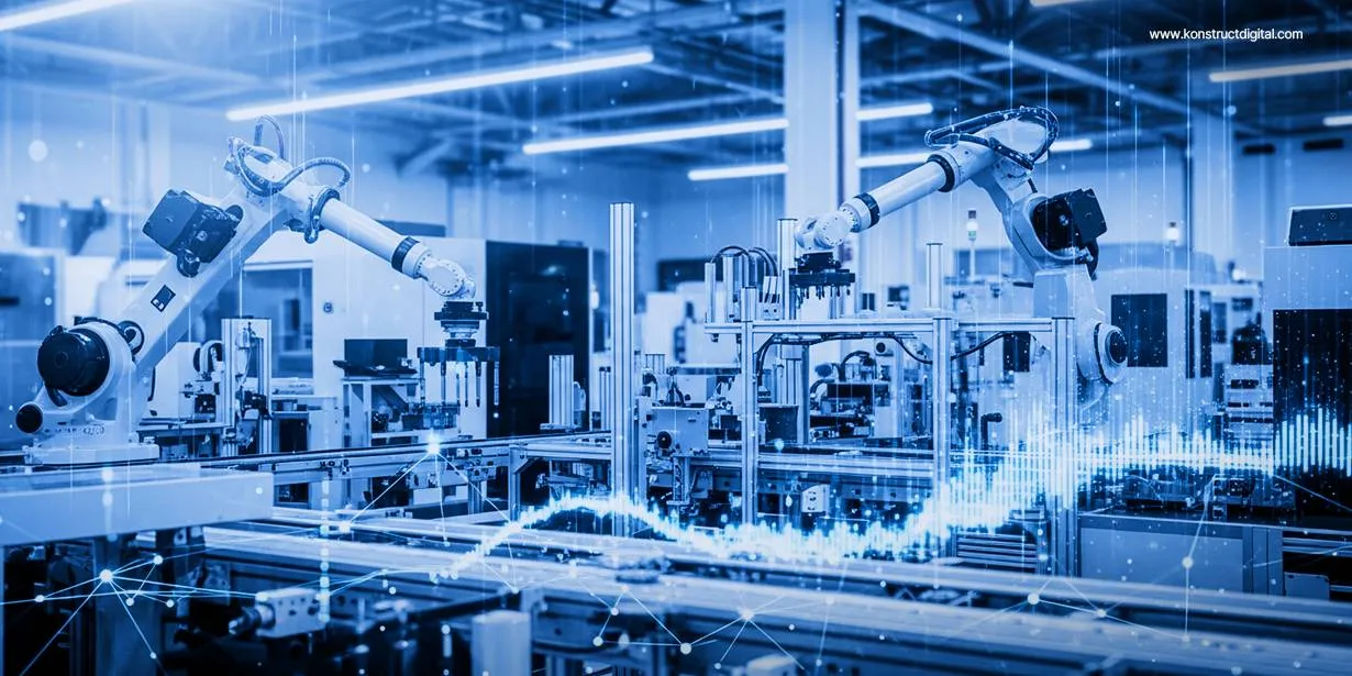 Industrial automation robots operating on a modern factory production line, representing advanced manufacturing technology and digital connectivity, with a glowing data overlay.