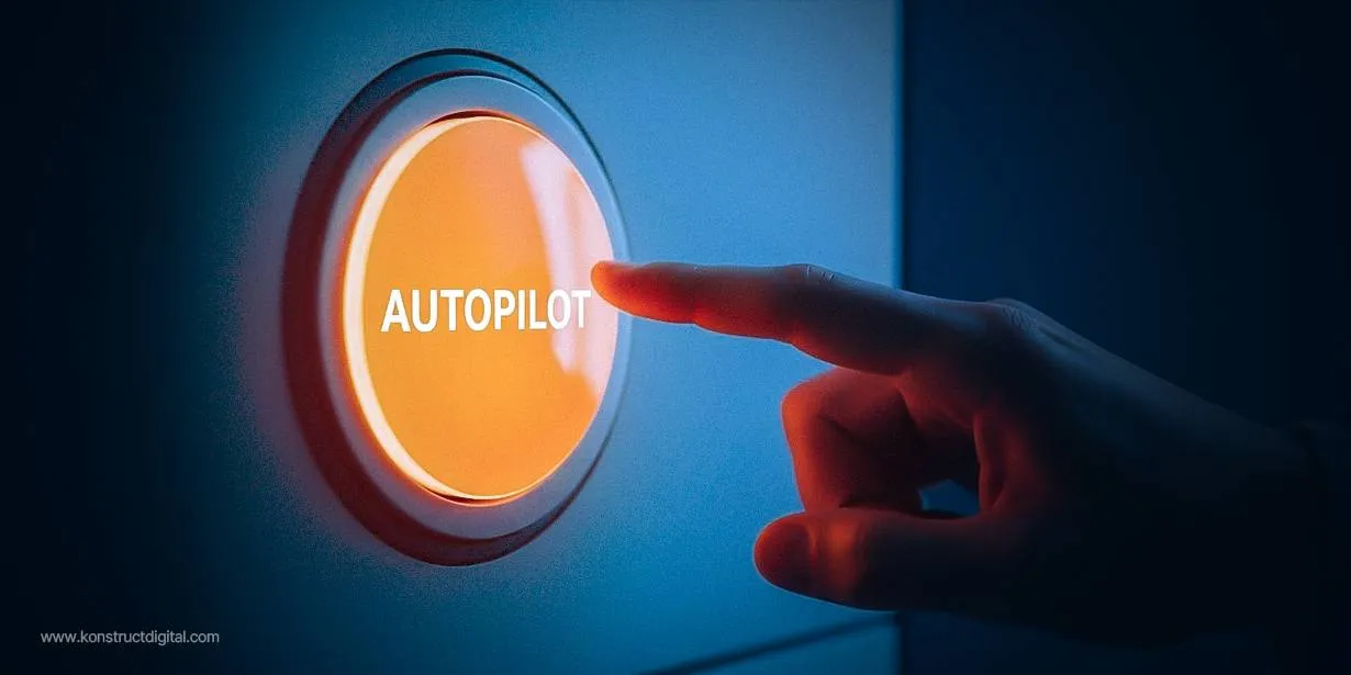 A hand reaches out to press a large glowing orange “AUTOPILOT” button on a dark blue control panel