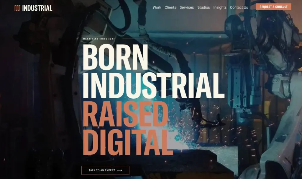A screenshot of INDUSTRIAL marketing agency’s homepage.