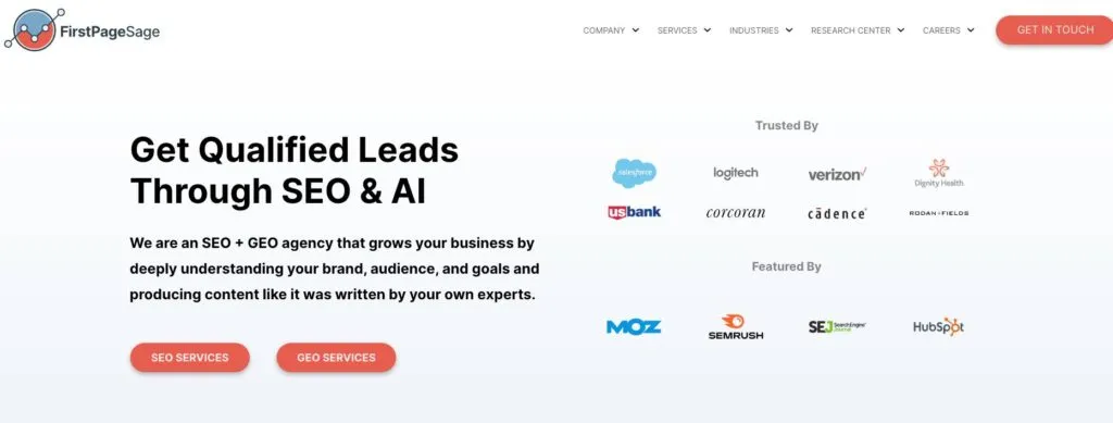 A screenshot of First Page Sage’s homepage.