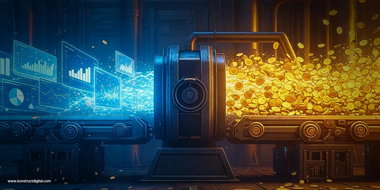 An industrial machine converting blue data dashboards and analytics into a stream of gold coins on a factory-style production line.