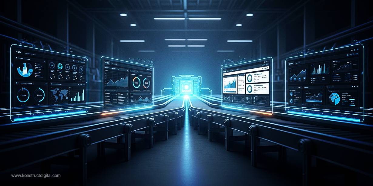 Futuristic manufacturing environment with multiple data dashboards displayed on screens along a production line