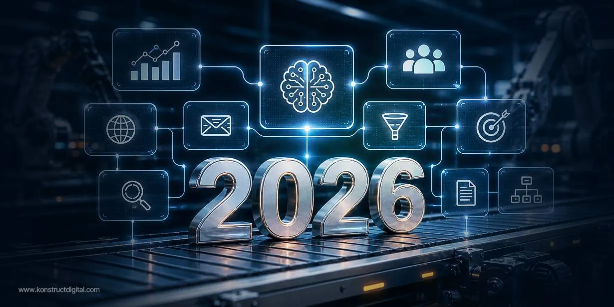 Futuristic industrial marketing graphic showing metallic “2026” numbers on a conveyor belt, connected to digital icons for AI, analytics, email, targeting, search, funnels, and workflows.