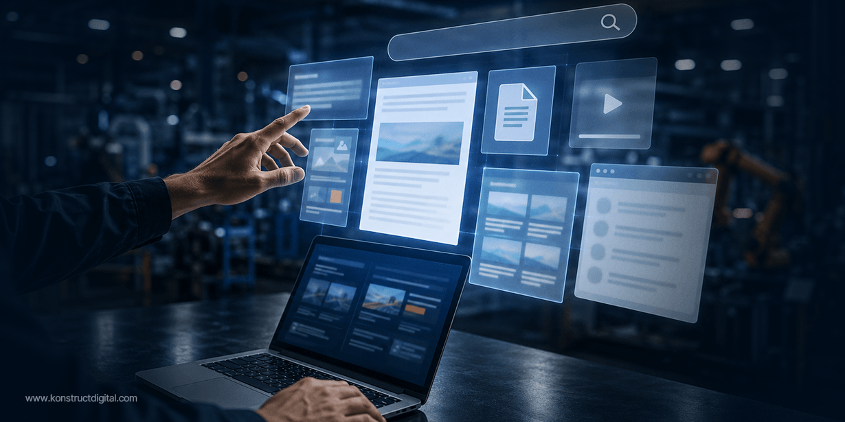 Person using a laptop in an industrial manufacturing environment while interacting with floating digital content elements, including documents, images, video, and a search bar, illustrating digital content marketing and information discovery for industrial buyers.