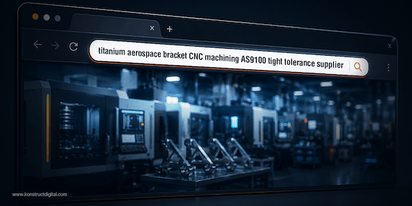 Browser search bar showing the query "titanium aerospace bracket CNC machining AS9100 tight tolerance supplier" over a dark, futuristic manufacturing floor with CNC machines and precision aerospace brackets.