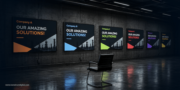 Industrial-style room with six wall-mounted screens showing nearly identical "Our Amazing Solutions!" manufacturing ads for different companies, with only the brand colours changed, emphasizing how similar manufacturer branding can look.