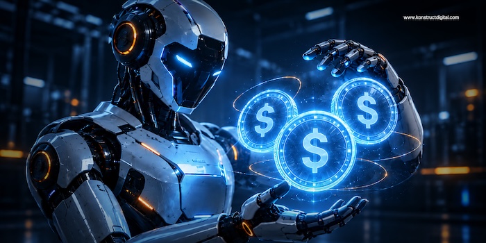 Futuristic robot holding glowing dollar symbols, representing generative AI SEO pricing and optimization costs.