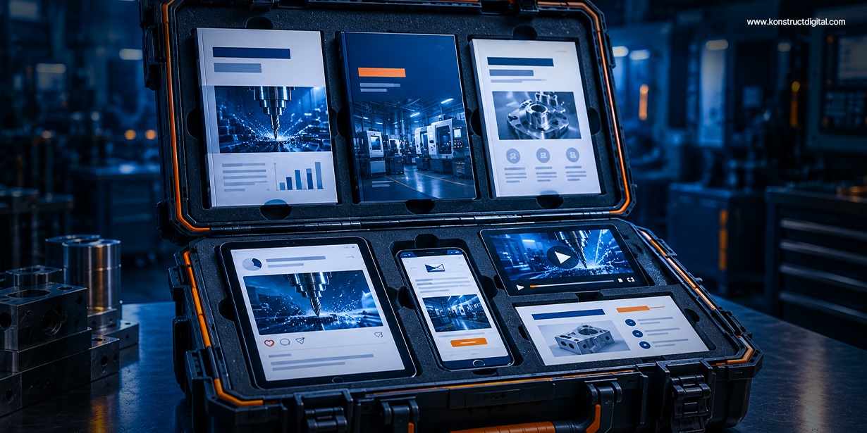 Open industrial equipment case displaying digital content marketing materials, including manufacturing websites, social media posts, email campaigns, and videos.